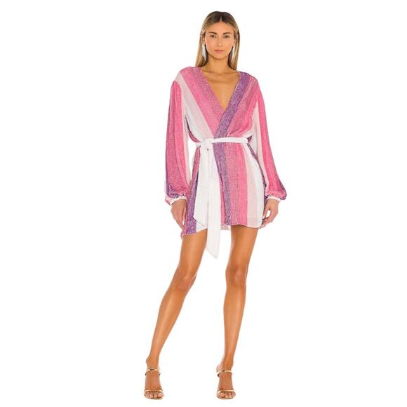 RETROFETE Gabrielle Sequin Wrap Dress in Multi Pink Stripe - Picture 2 of 11